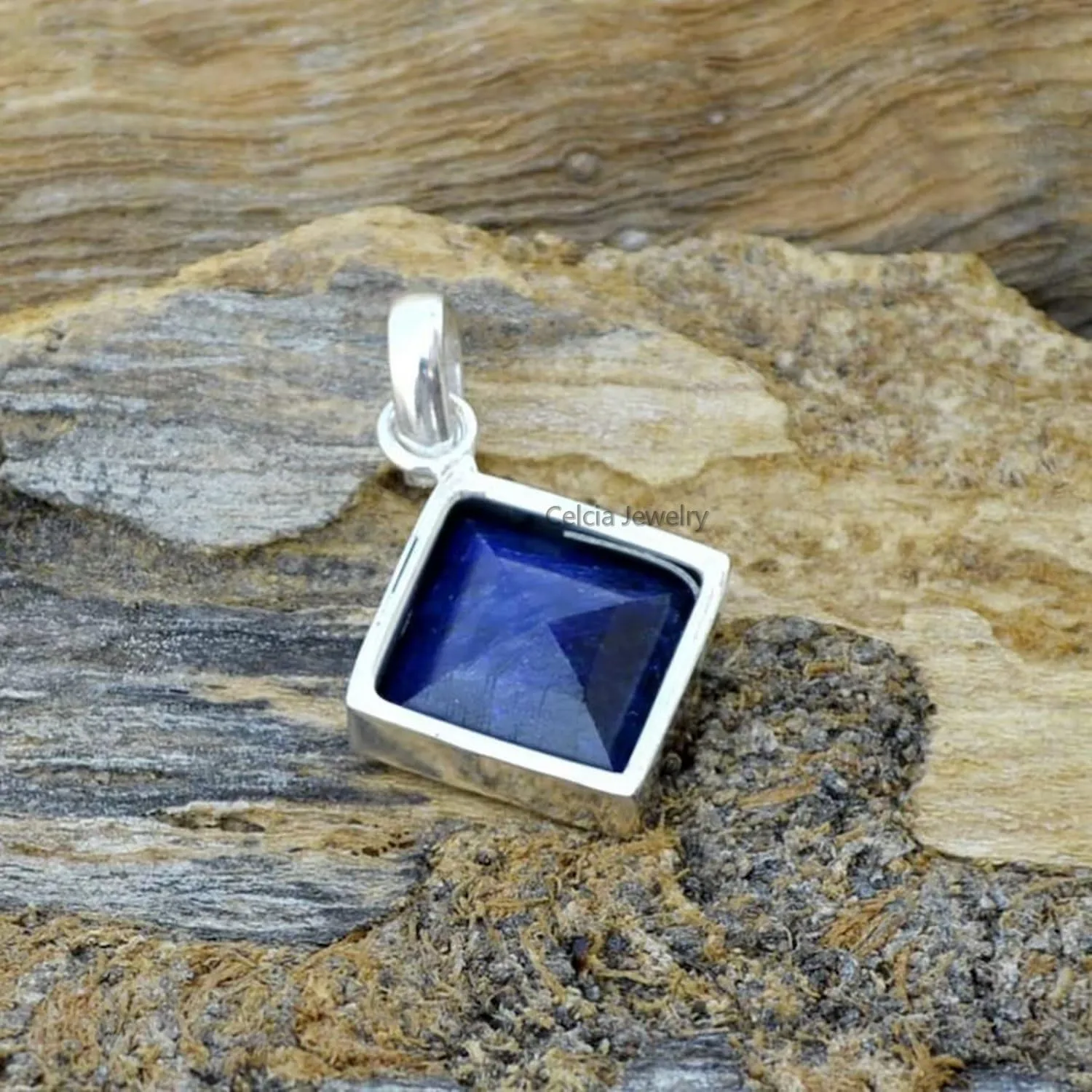 Women Men, Genuine Blue cenote sidewalk synchronizer shovel Sapphire Square Gemstone Unique Handcrafted September Birthstone Pendant Solid 925 Sterling Silver Pendant for 