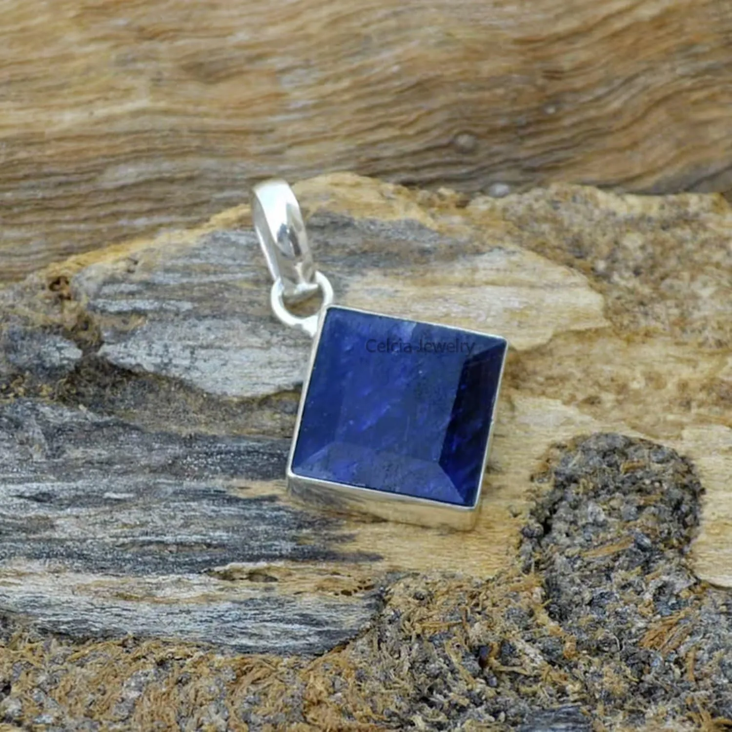 Women Men, Genuine Blue cenote sidewalk synchronizer shovel Sapphire Square Gemstone Unique Handcrafted September Birthstone Pendant Solid 925 Sterling Silver Pendant for 