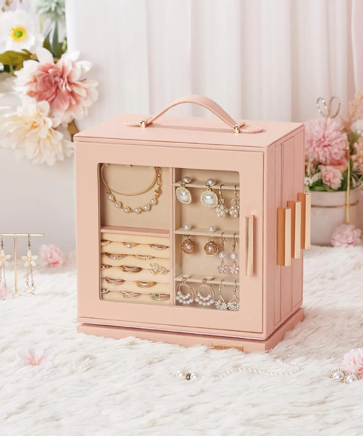 Women (Peach Pink) Homde Jewelry magical continuator Box 360�� Rotating, Necklace Earring Organizer with Transparent Window, Mirror, 7 Drawers, Large Ring Display Storage Case for Girls 