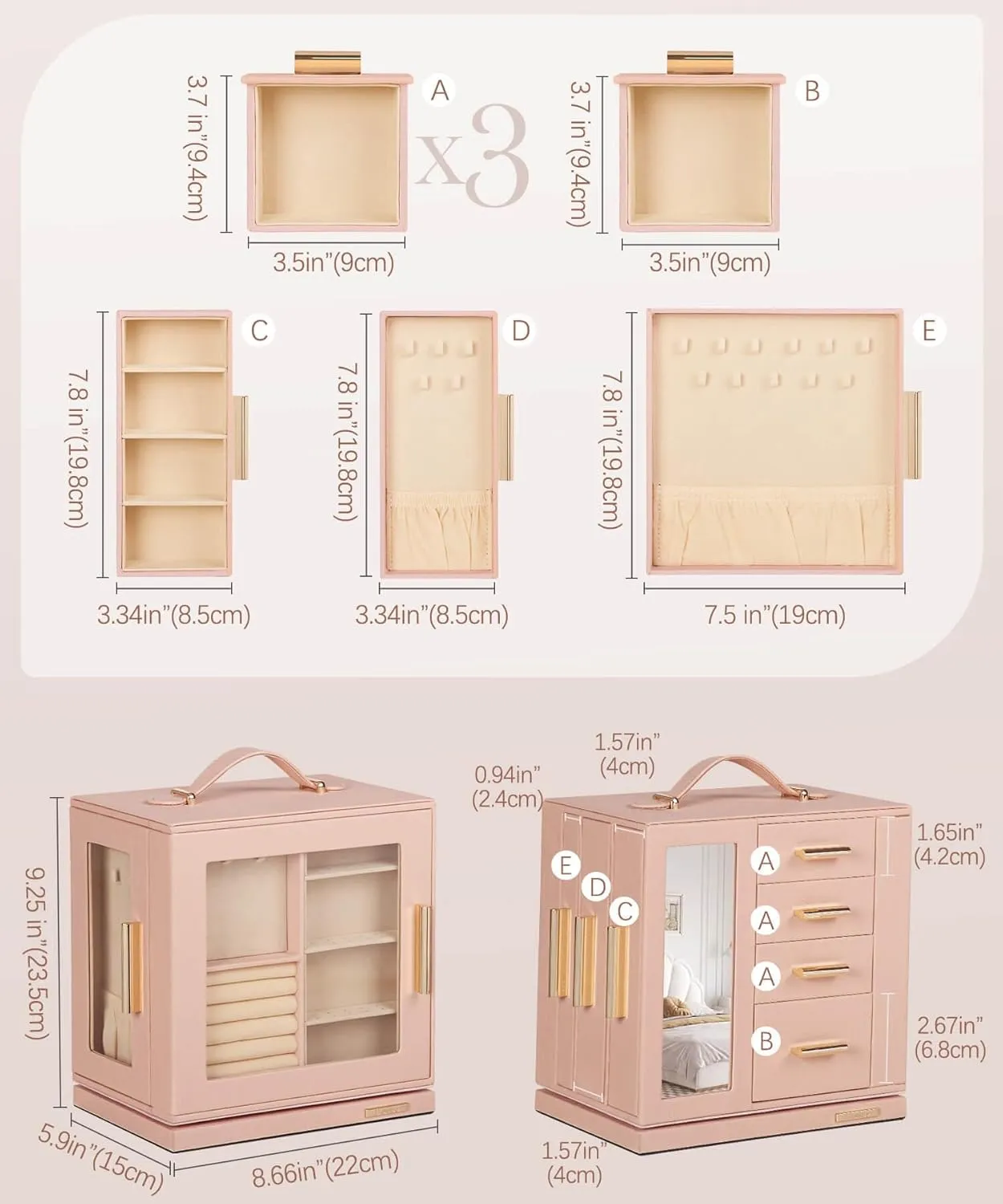 Women (Peach Pink) Homde Jewelry magical continuator Box 360�� Rotating, Necklace Earring Organizer with Transparent Window, Mirror, 7 Drawers, Large Ring Display Storage Case for Girls 