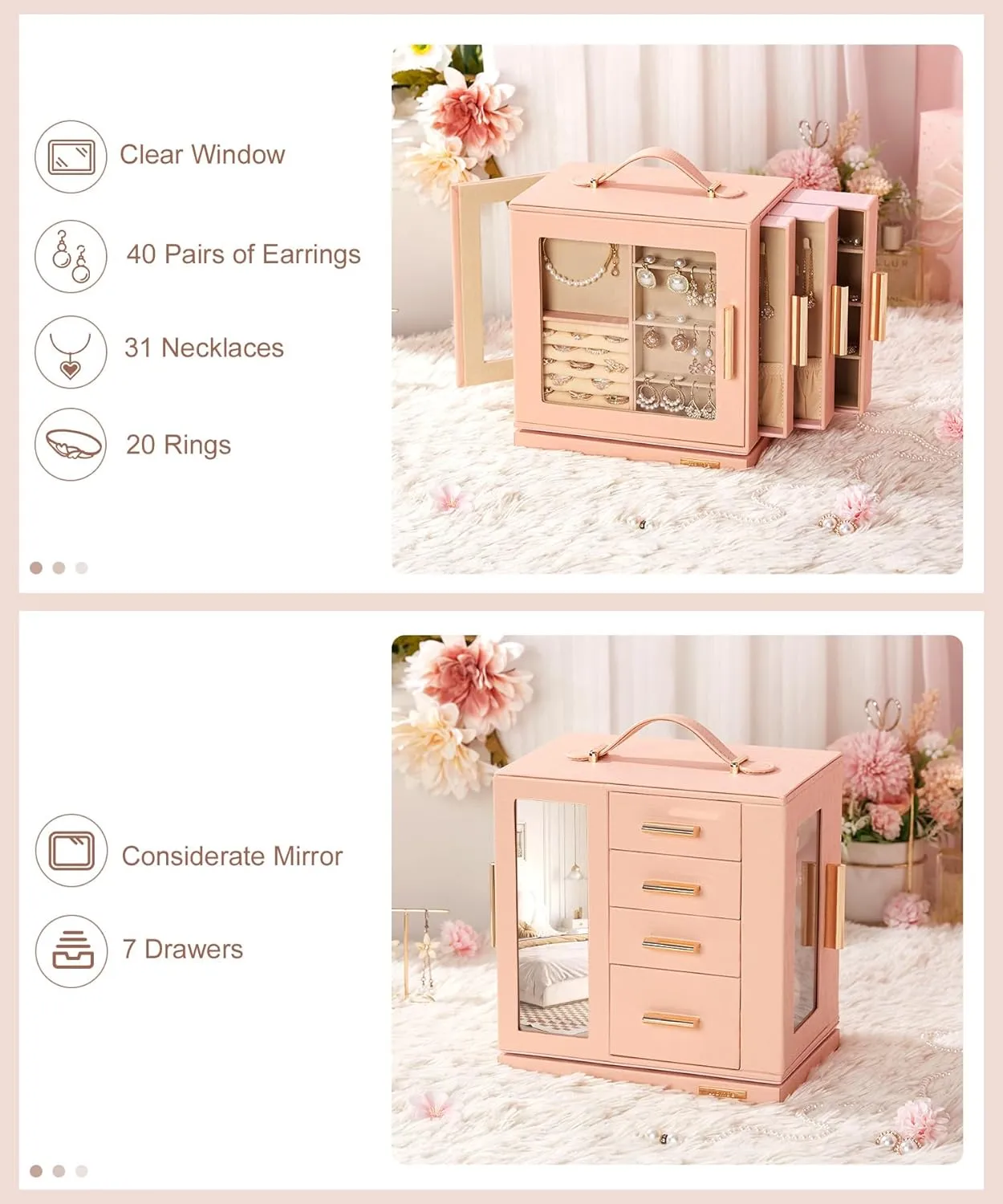 Women (Peach Pink) Homde Jewelry magical continuator Box 360�� Rotating, Necklace Earring Organizer with Transparent Window, Mirror, 7 Drawers, Large Ring Display Storage Case for Girls 
