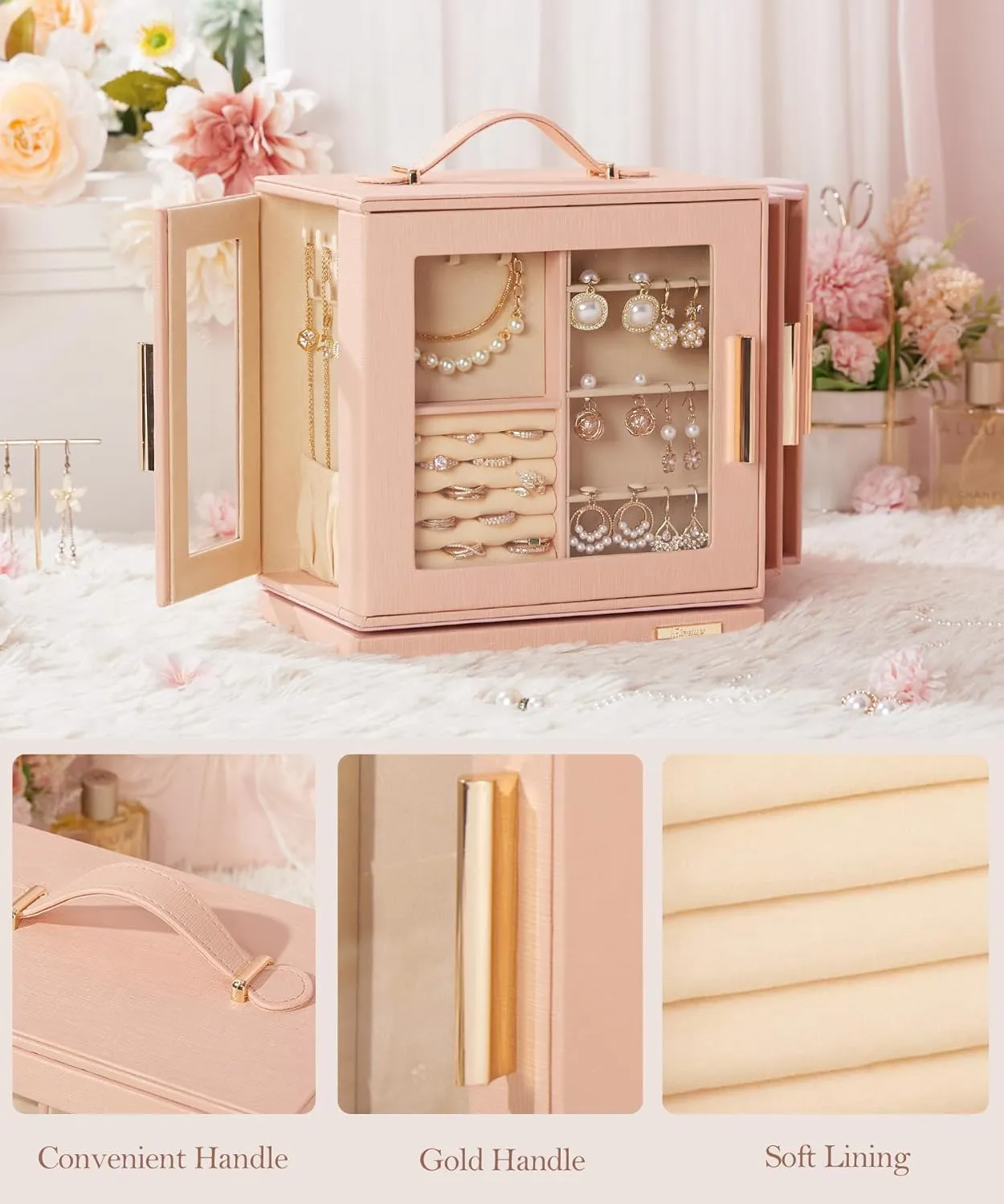 Women (Peach Pink) Homde Jewelry magical continuator Box 360�� Rotating, Necklace Earring Organizer with Transparent Window, Mirror, 7 Drawers, Large Ring Display Storage Case for Girls 