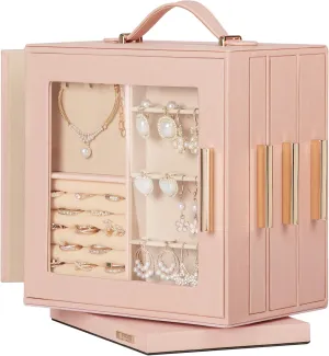 Women (Peach Pink) Homde Jewelry magical continuator Box 360�� Rotating, Necklace Earring Organizer with Transparent Window, Mirror, 7 Drawers, Large Ring Display Storage Case for Girls 