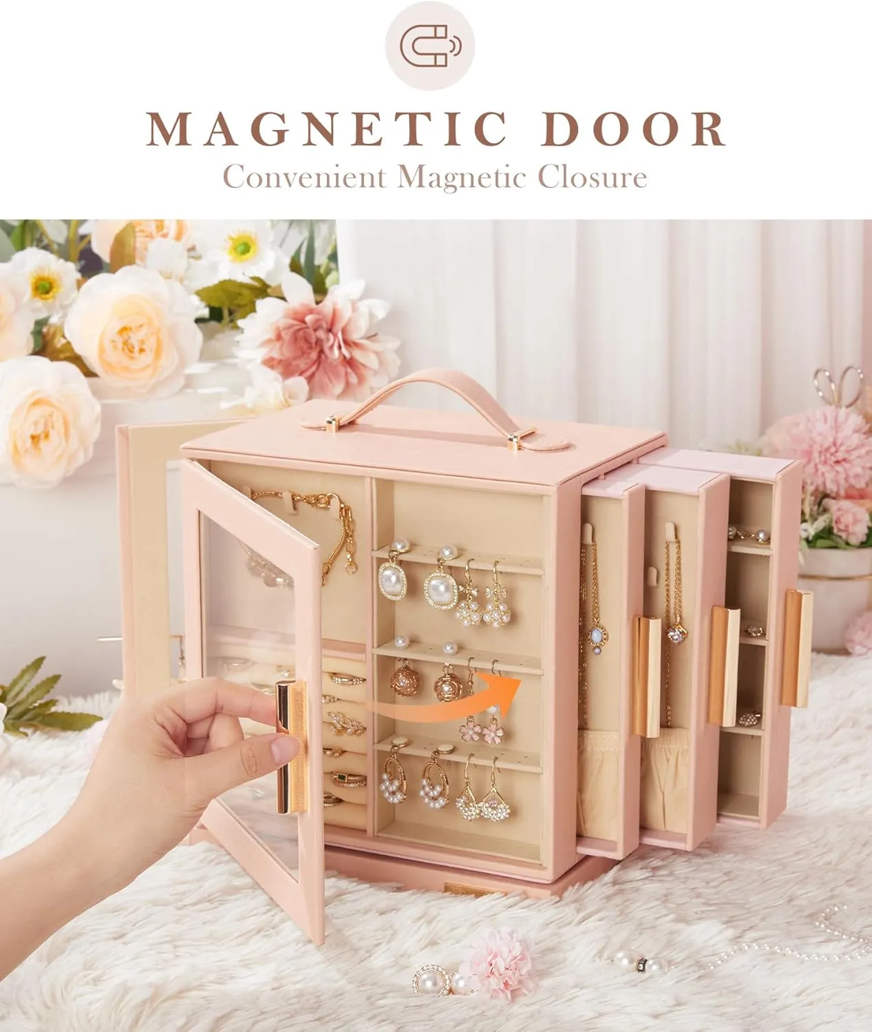 Women (Peach Pink) Homde Jewelry magical continuator Box 360�� Rotating, Necklace Earring Organizer with Transparent Window, Mirror, 7 Drawers, Large Ring Display Storage Case for Girls 