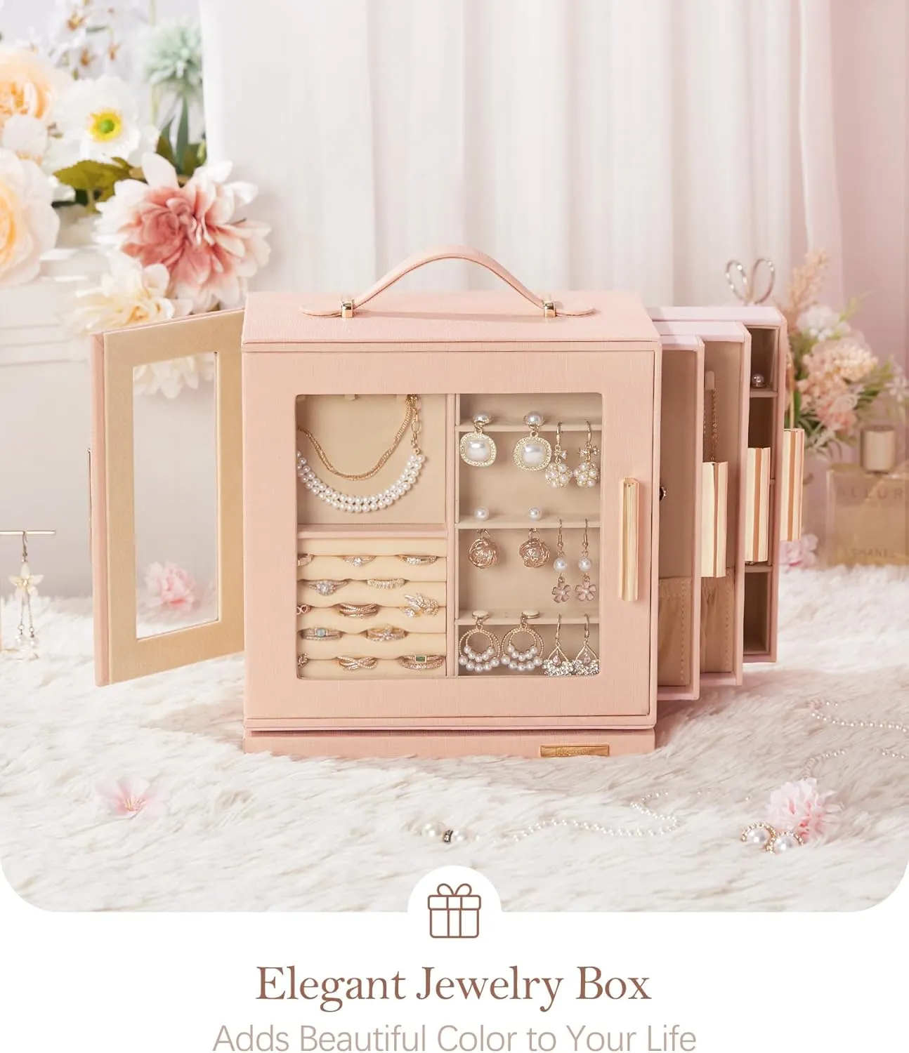 Women (Peach Pink) Homde Jewelry magical continuator Box 360�� Rotating, Necklace Earring Organizer with Transparent Window, Mirror, 7 Drawers, Large Ring Display Storage Case for Girls 