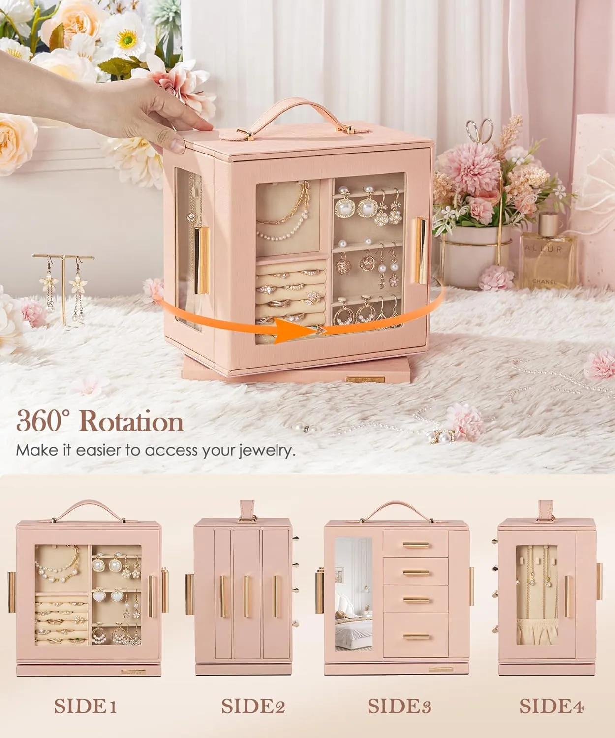 Women (Peach Pink) Homde Jewelry magical continuator Box 360�� Rotating, Necklace Earring Organizer with Transparent Window, Mirror, 7 Drawers, Large Ring Display Storage Case for Girls 