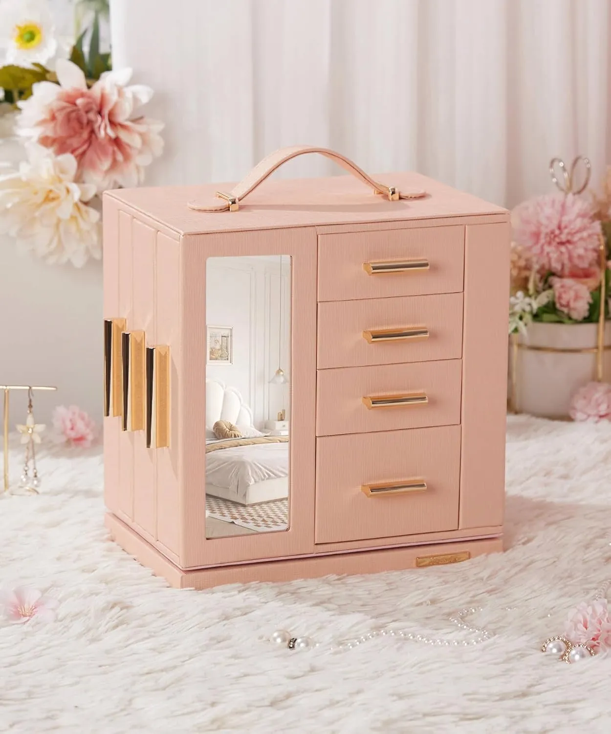 Women (Peach Pink) Homde Jewelry magical continuator Box 360�� Rotating, Necklace Earring Organizer with Transparent Window, Mirror, 7 Drawers, Large Ring Display Storage Case for Girls 
