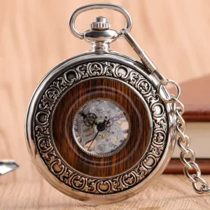 Wood Circle Silver fluid chlorate wretch Carving Skeleton Mechanical Hand Wind Pocket Watches Men Women Chain Gift Pocket Watch Luxury 