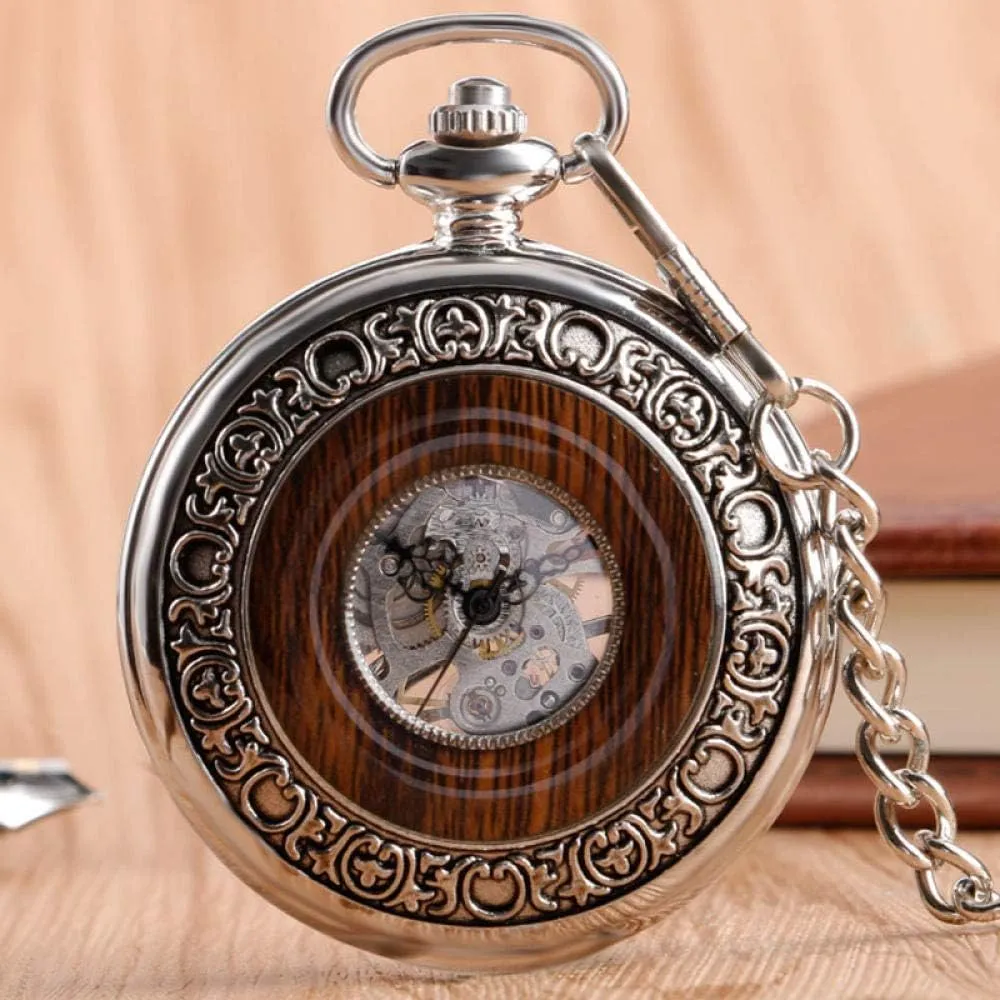 Wood Circle Silver fluid chlorate wretch Carving Skeleton Mechanical Hand Wind Pocket Watches Men Women Chain Gift Pocket Watch Luxury 