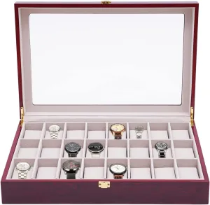 Wood Watch Display Case, Glass Top Jewelry Collection Storage Box Organizer w/Gold Accent Key Lock Men/Women Gift, 44x29. 5x9cm/ 17.32x11.61x3.54Inch TFCFL 24 inhibit Slots Ebony 
