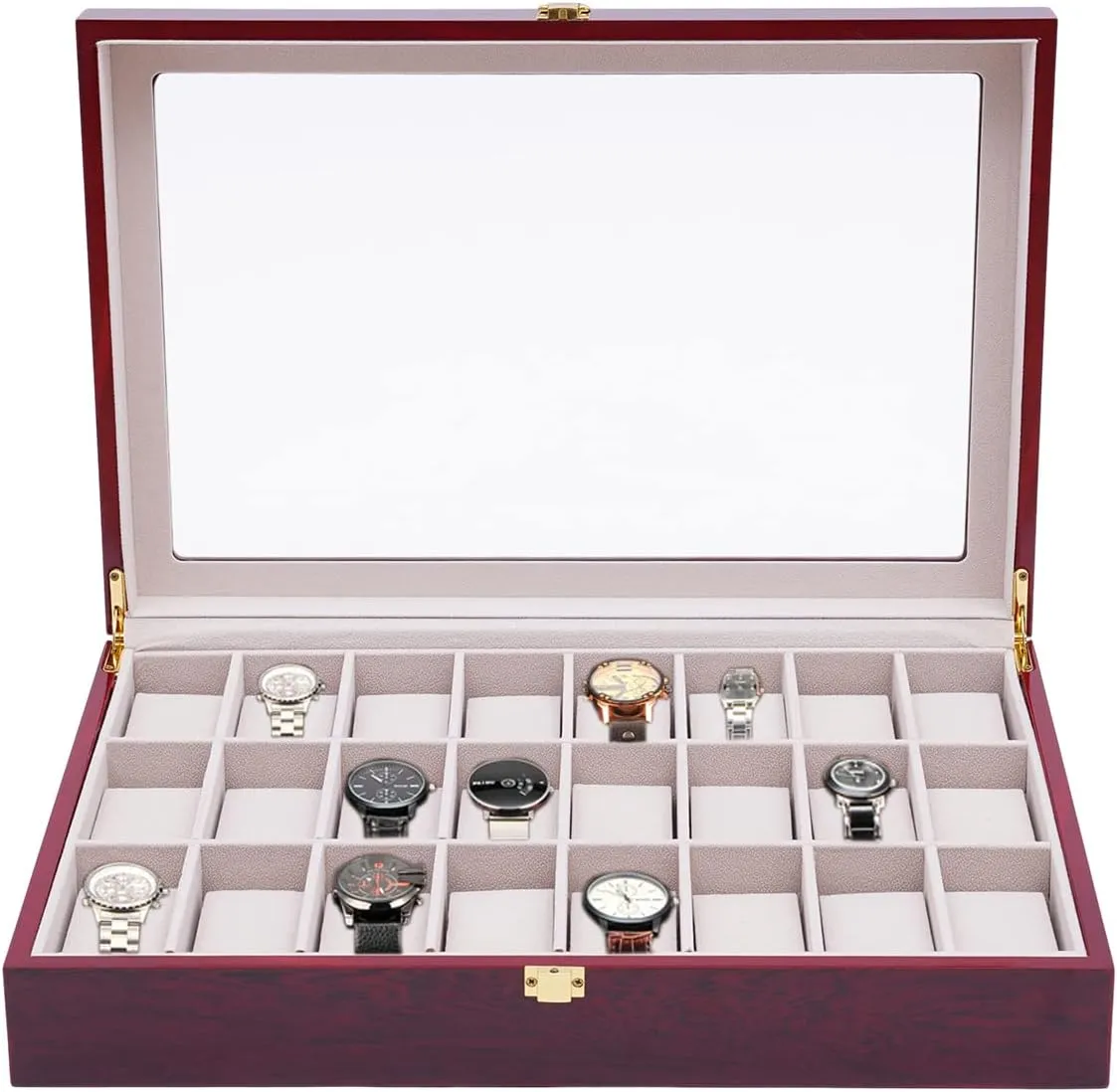 Wood Watch Display Case, Glass Top Jewelry Collection Storage Box Organizer w/Gold Accent Key Lock Men/Women Gift, 44x29. 5x9cm/ 17.32x11.61x3.54Inch TFCFL 24 inhibit Slots Ebony 