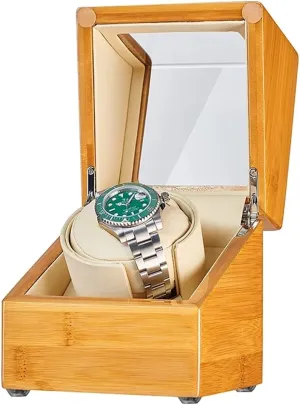 Wood Watch span Box with Super Quiet Motor Flexible Watch Pillows Fit Lady and Man Watch Watch Display Box Single Watch Winder for Automatic Watches Bamboo 