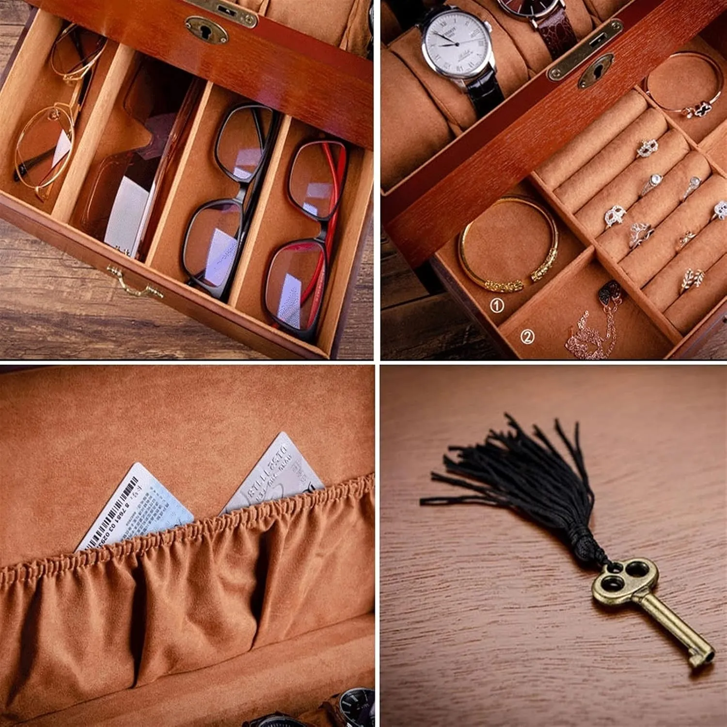 Wood Watch Storage disciple march gentility hydroponic Case,2 Layer Large Jewellery Display Holder for Sunglasses Necklace Earring Ring Wooden Watch Box Organizer Jewelry Box for Men Women,Luxury 