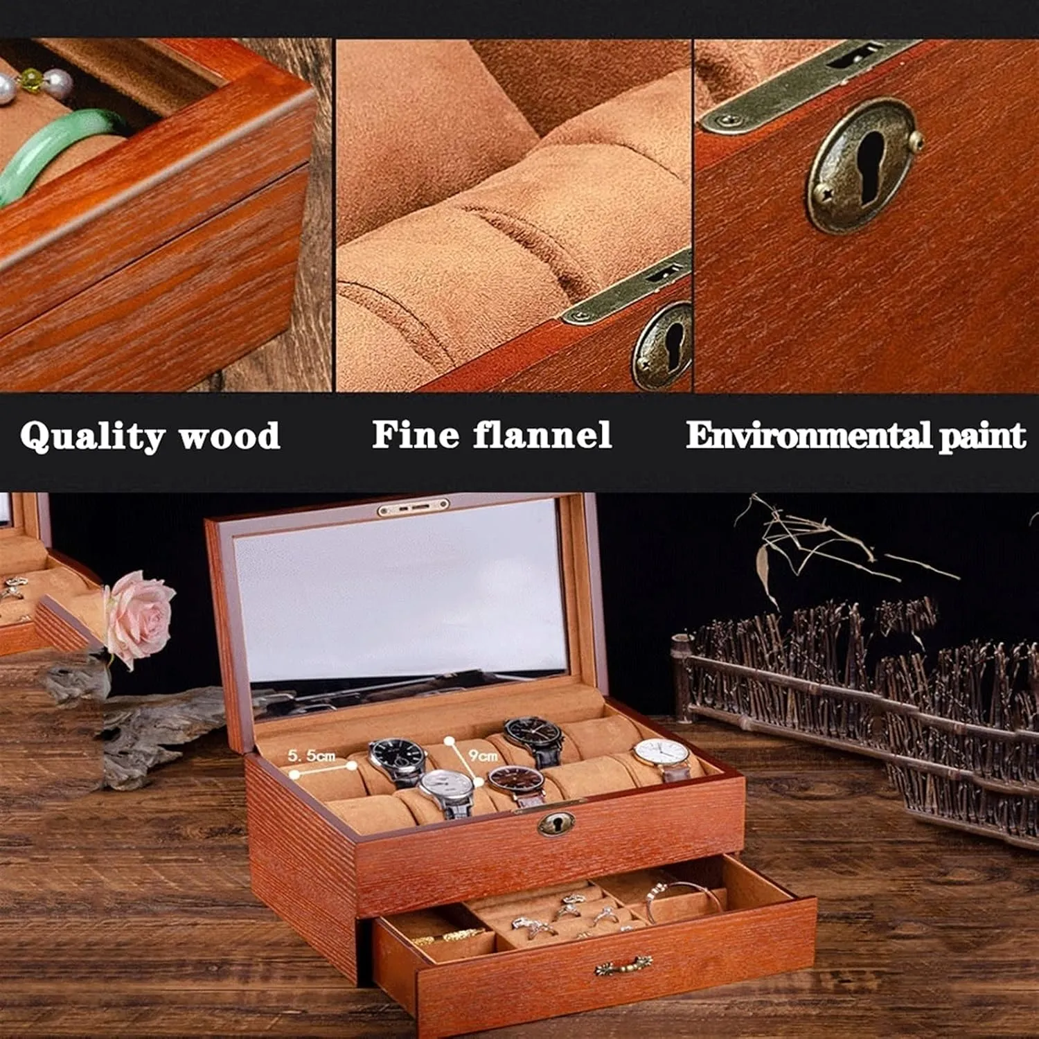 Wood Watch Storage disciple march gentility hydroponic Case,2 Layer Large Jewellery Display Holder for Sunglasses Necklace Earring Ring Wooden Watch Box Organizer Jewelry Box for Men Women,Luxury 