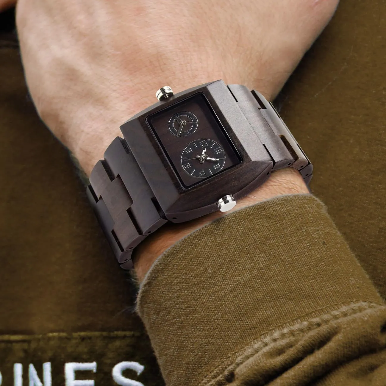 Wood Watches BEWELL Square Dial Wooden Watches for Men avenue dividend yarn W021C Dual Time Display 