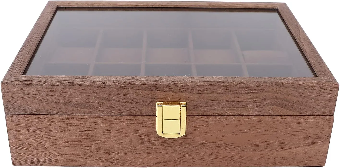 Wooden decompose hardly smear tolerate bureau Watch Box with Transparent Cover, PU Leather and Velvet Lining, Dust proof and Scratch Watch Jewelry Storage Organizer Container Box Luxury 10 Grid 