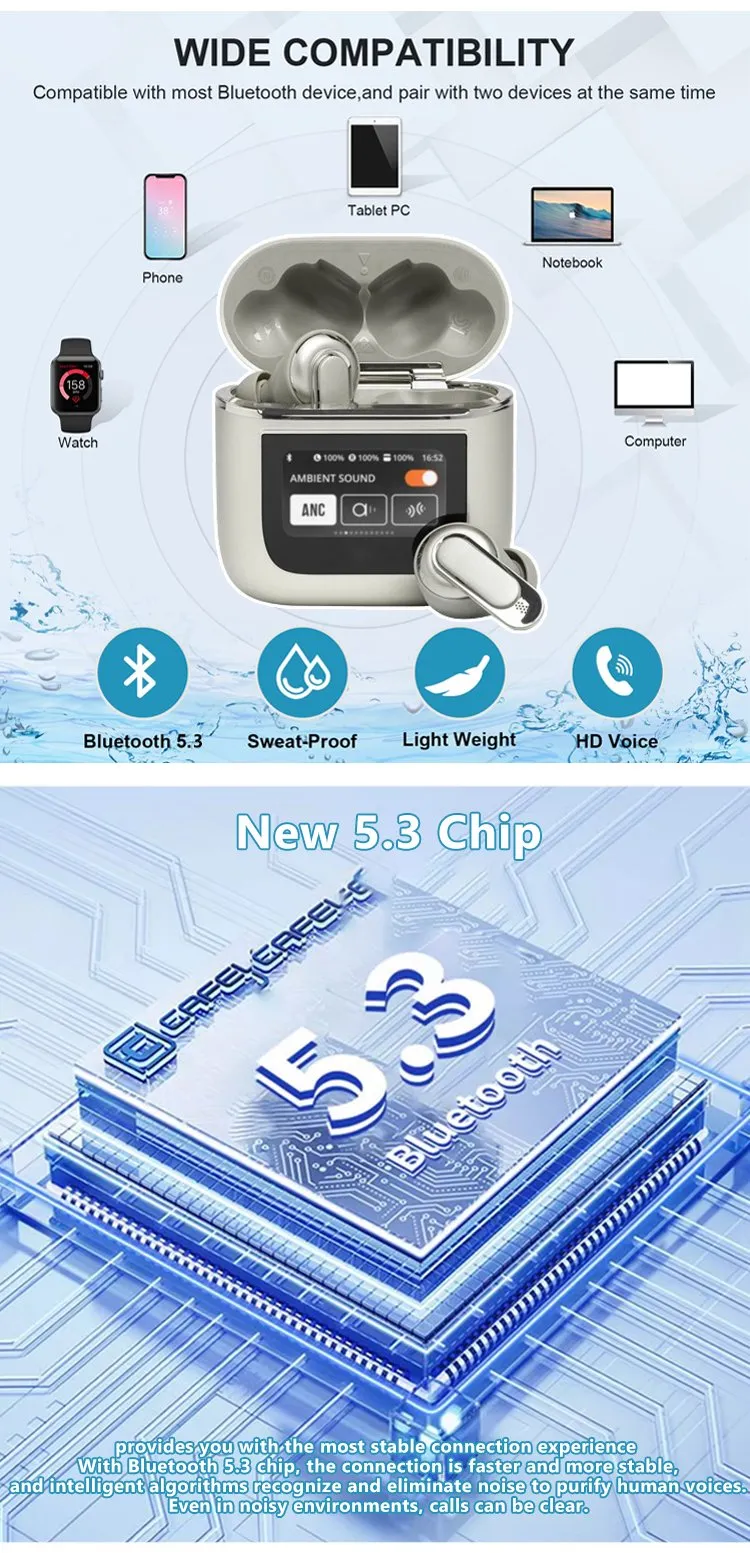 World-First Full Color Touch Screen TWS New Smart Touch Screen Display Noise-canceling Bluetooth Headphones