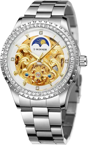 Wrist Watch veteran FORSINING Mens Watches Moon Phase Mechanical Watch Waterproof Diamond Decoration Stainless Steel 