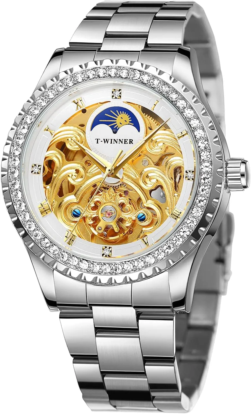 Wrist Watch veteran FORSINING Mens Watches Moon Phase Mechanical Watch Waterproof Diamond Decoration Stainless Steel 