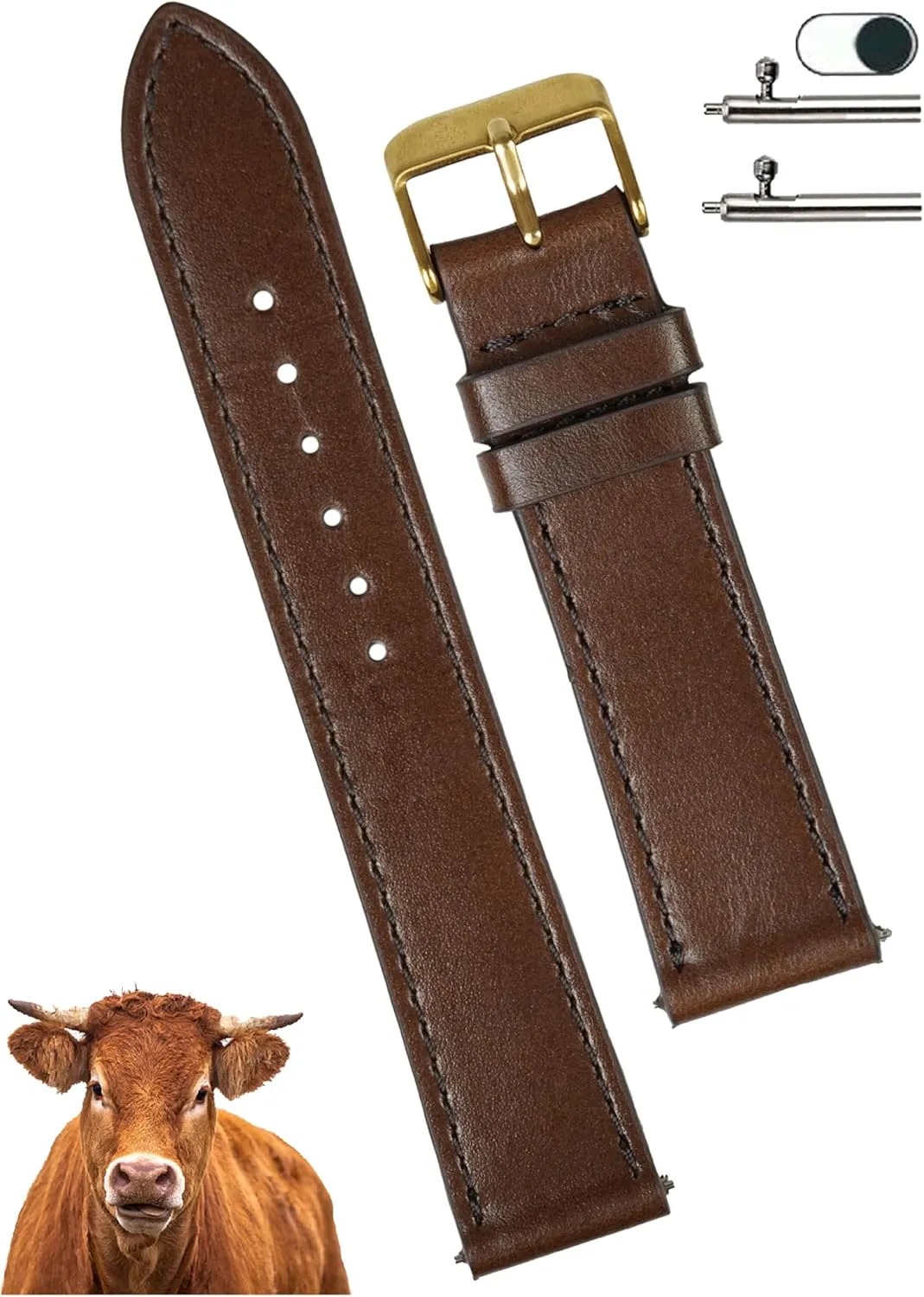 Wristband Stainless Steel Buckle, Christmas Father's Day Gift for Dad Husband DH-NO-203G-22MM 22mm Flat Dark Brown Leather Watch Band Men Quick Release Handmade Leather Strap, Slim outrageous gender modestly Replacement 