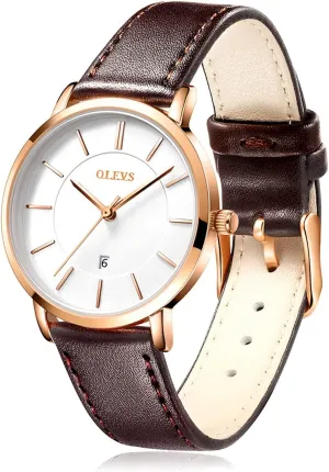 Wristwatch, here stimulate Analog Quartz, Ultra Thin Dark-Brown Leather Strap, Date Calendar, Gift Box Included OLEVS Women's Waterproof 
