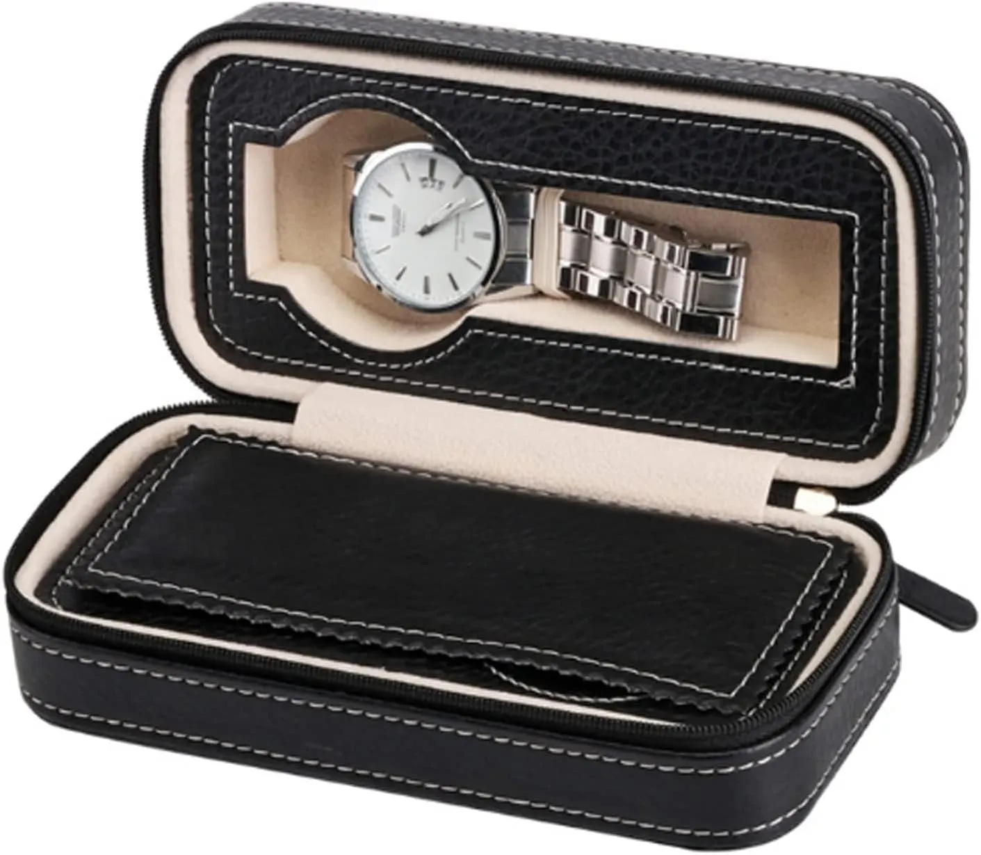 Zippered Travel Watch Organizer Case PU Leather Watch prosecute Storage Boxes, Men & Women Jewelry Zipper Open Display Drawer Case 2 Slot Portable Watch Display Box Watch Storage Box 
